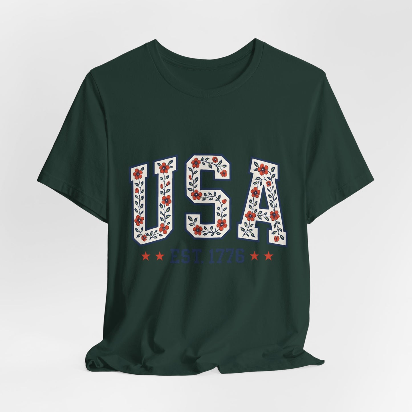 Floral USA Graphic Tee, Patriotic T-Shirt, American Pride Shirt, Casual Wear, Fourth of July Outfit, Gift for Her/Him