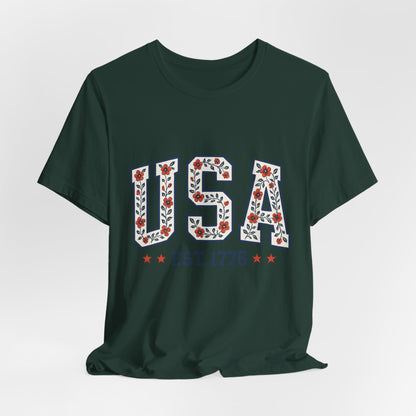 Floral USA Graphic Tee, Patriotic T-Shirt, American Pride Shirt, Casual Wear, Fourth of July Outfit, Gift for Her/Him