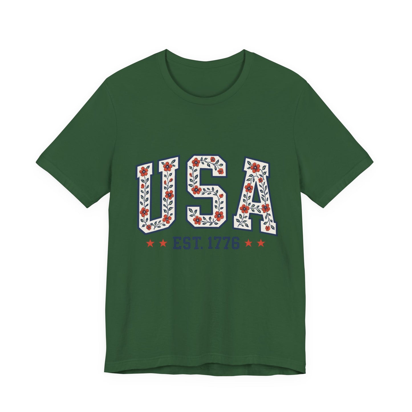Floral USA Graphic Tee, Patriotic T-Shirt, American Pride Shirt, Casual Wear, Fourth of July Outfit, Gift for Her/Him