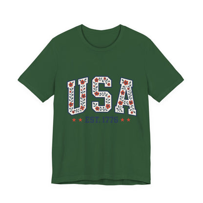 Floral USA Graphic Tee, Patriotic T-Shirt, American Pride Shirt, Casual Wear, Fourth of July Outfit, Gift for Her/Him